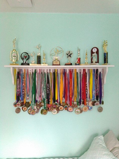 Made this for my daughter....Gymnastics Medals/Trophy display Trophy Display Ideas, Medal Display Ideas, Gymnastics Medal Display, Gymnastics Medals, Trophy Shelf, Gymnastics Room, Trophy Display, Ribbon Display, Dance Rooms