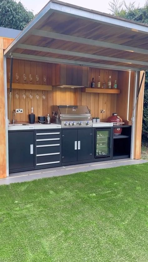 What do you think of this stunning BBQ Area? | Black Bull Grill Uk | Black Bull Grill Uk · Original audio Bbq Garden Design, Diy Bbq Area, Outdoor Grill Diy, Bbq Shed, Pizza Oven Outdoor Kitchen, Concrete Outdoor Kitchen, Bbq Hut, Outdoor Grill Area, Outdoor Bbq Area