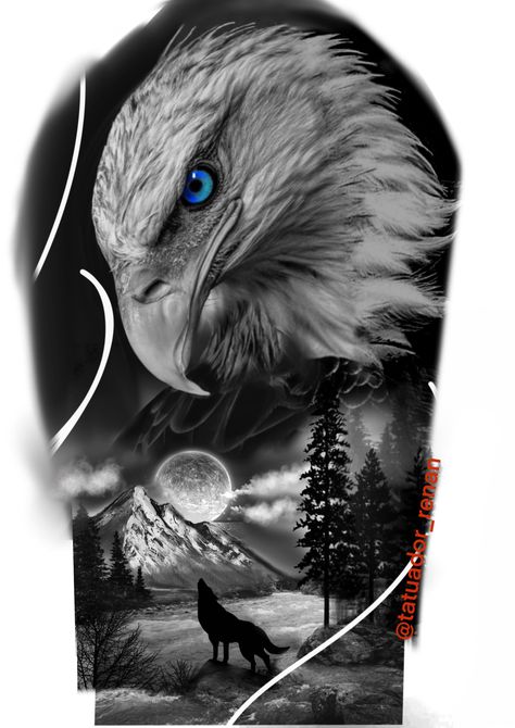 Eagle And Wolf Tattoo Design, Half Sleeve Tattoos Wolf, Traditional Owl Tattoos, Eagle Head Tattoo, Feminine Shoulder Tattoos, Eagle Face, Mexican Art Tattoos, Animal Tattoo Ideas, Deer Tattoo