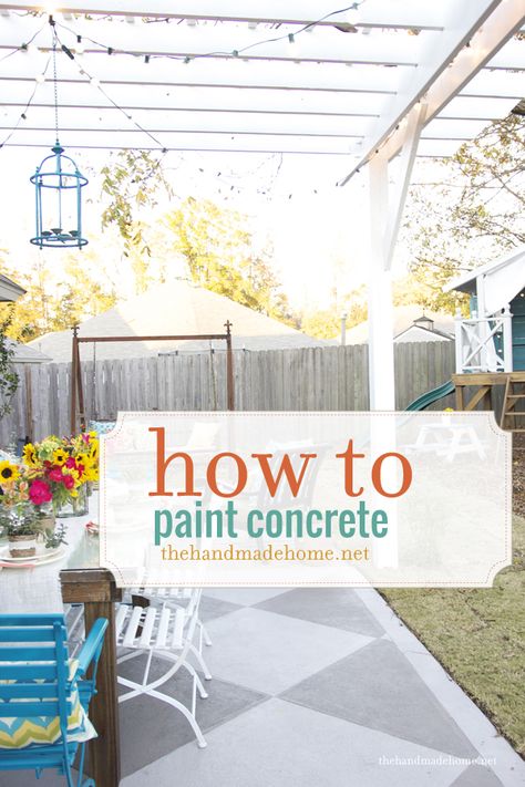 painting concrete | the handmade home Concrete Slab Patio, How To Paint Concrete, Paint Concrete Patio, Paint Concrete, Diy Paint Projects, Concrete Patios, Painted Concrete Porch, Concrete Porch, Hur Man Målar