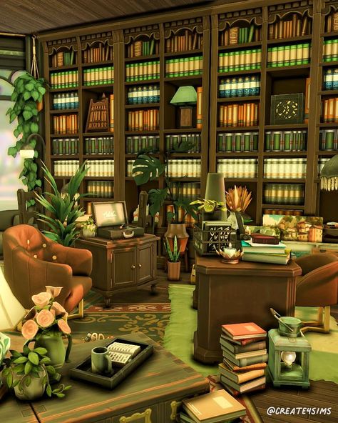 Sims 4 Library Room, Sims Dark Academia, Sims 4 Dark Academia House, Sims 4 Office Ideas, Dark Academia Mansion, Dark Academia House, Dark Academia Study, Academia Study, Academia House