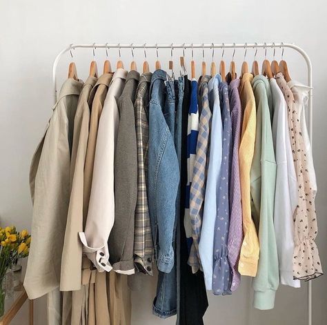 Clothing Room, Clothing Rack Bedroom, Blouse Korea, Vintage Wardrobe, Aesthetic Shirts, Minimalist Wardrobe, Bedroom Aesthetic, Aesthetic Bedroom, Aesthetic Room Decor