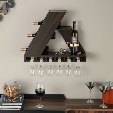 Fill that empty wall space with this versatile decor item, uniquely made for both style and function as a wine rack from Furniture of America. Mount this wenge wine rack on a free wall in the kitchen, dining room, or home theater room. Wenge Color, Wall Mounted Wine Rack, Wenge Wood, Bottle Wall, Home Theater Rooms, Glass Rack, Wine Glass Holder, Theater Room, Wine Holder