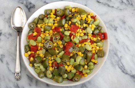 This recipe is a flavorful combination of fresh vegetables. Okra, corn, and lima beans are simmered with chopped tomatoes and simple seasonings. Lima Beans And Corn, Corn And Bean Salad, Lima Bean Recipes, Okra Recipe, Okra And Tomatoes, Beans And Corn, Brunswick Stew, Mother Days, Okra Recipes