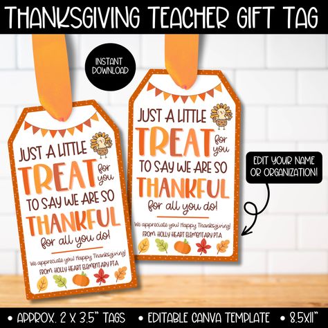 Introducing our editable Thanksgiving Gift Tags, the perfect way to express gratitude to your boss, staff, teacher, employee, friends, neighbors, or anyone deserving of your thanks. This beautifully designed tag set features a heartfelt message, "Just a little treat for you because we're thankful for all you do!" Making your gesture of appreciation couldn't be easier - simply download the template, customize it with your name, print, and cut it out. Show your thanks in style and make someone's T Thankful For You Teacher Gifts, Thanksgiving Marketing Gifts, Teacher Gratitude Gifts, Thanksgiving Gift Ideas For Employees, Gratitude Gifts For Coworkers, Thanksgiving Referral Gifts Marketing, Thanksgiving Gift Teacher, September Teacher Gifts, Thanksgiving Gift Ideas For Teachers