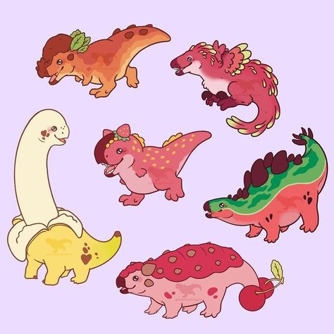 Fruit Dinosaur Drawing, Cute Food Animals Drawings, Dinasour Cute, Animal Cute Drawing, Cute Dinosaur Painting, Illustration Art Animals, Cute Dinosaur Art, Chibi Dinosaur, Fruit Dinosaur