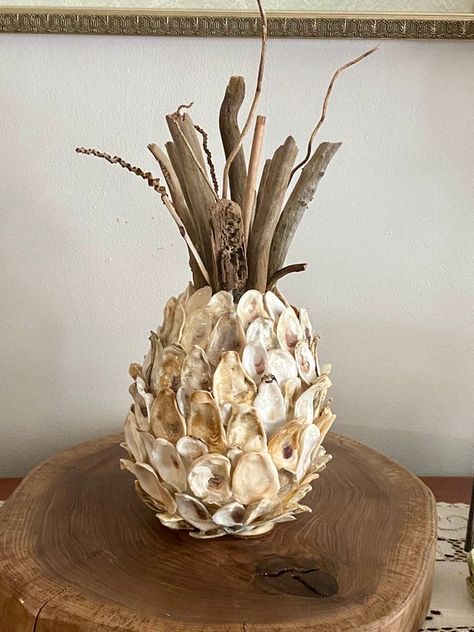 Oyster Shell Pineapple Welcome Decor Tabletop Pineapple - Etsy Oyster Shell Pineapple, Shoes Makeover, Oyster Shells Diy, Oyster Shell Art, Seashell Art Diy, Sea Shells Diy, Pawleys Island Sc, Oyster Ornament, Beach Craft