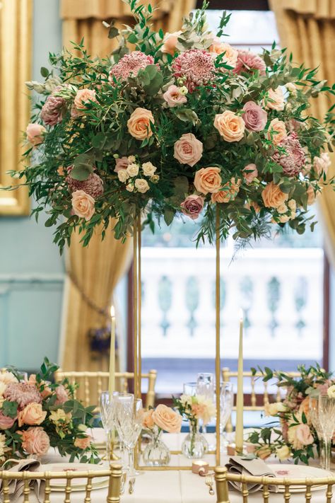 Tall Centrepiece, Peach Wedding Centerpieces, Floral Centrepiece, Wedding Window, Tall Centerpiece, Opulent Wedding, Low Centerpieces, Pall Mall, Tall Centerpieces