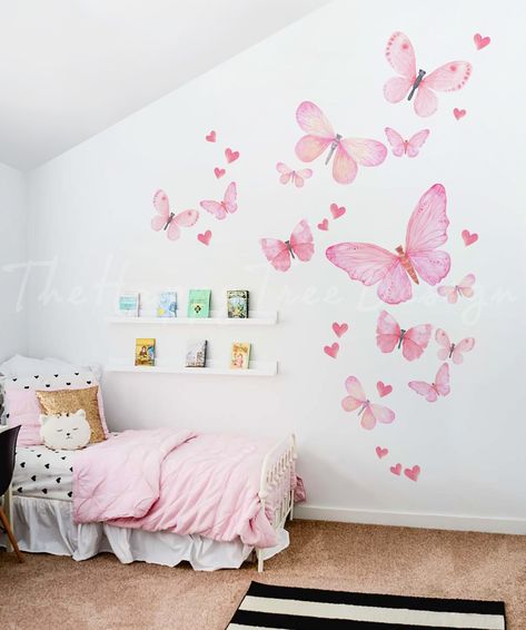 Pink Butterfly Mural set Flying butterfly Wall decal set Kid room like a fairy tale Love all around Kid room Sticker - HT148 Pink Wall Stickers, Butterfly Mural, Butterfly Room Decor, Butterfly Bedroom, Ideas For Kids Room, Murs Roses, Autumn Room, Butterfly Room