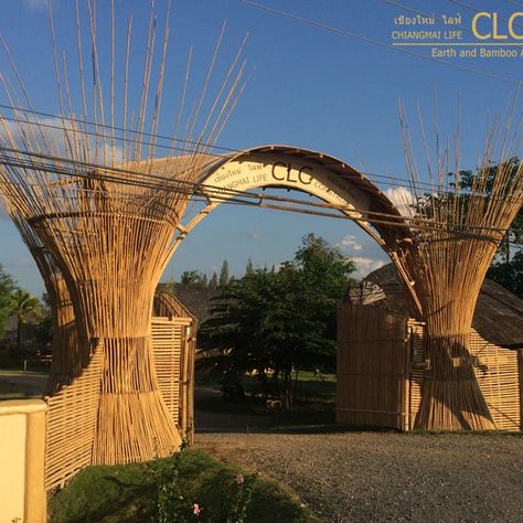 Entrance Gate at CLC | Bamboo Architecture | CLA Bamboo Gate Design, Bamboo Building, Event Entrance, Bamboo House Design, Bamboo Structure, Farm Gate, Entrance Gate, Bamboo Architecture, Entrance Gates Design