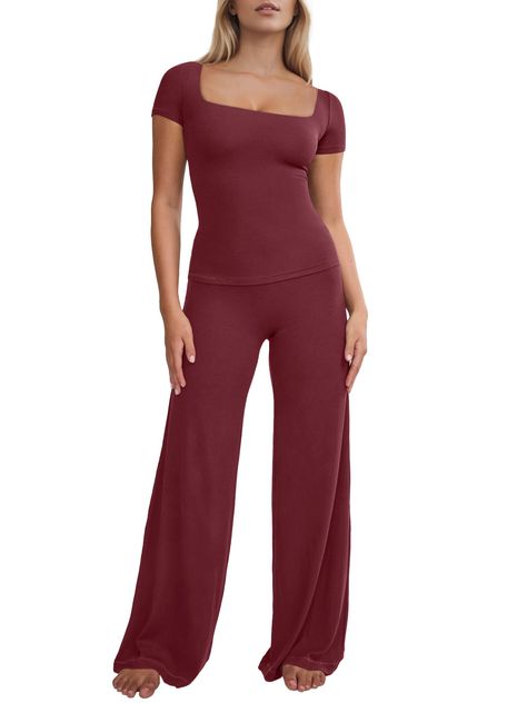 PRICES MAY VARY. [Material]: Ribbed 92%Rayon 8%Spandex, breathable knit set, skin-friend, stretchy, soft, lightweight, lounge set for women two piece outfits. [Crop Tops+Wide Leg Pants]: Summer two piece sets for women features a classic square neck crop top with a side split design. This wide leg pants with soft elastic waist that fits for more comfortable and flattering fit, suit for any body size. [All Occasions]: Summer outfits for women suitable for casual, workout, beach, vacation, street, Elegant Lounge Wear, Aerie Clothing, Wide Leg Pants Summer, Elegant Lounge, Calm Fits, Womens Loungewear Sets, Gym Outdoor, Summer Pajamas, Pants Summer