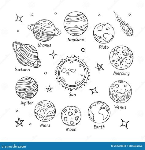 Set of Doodle Planets from Solar System Stock Vector - Illustration of hand, cosmos: 259720848 Jupiter Doodle, Planet Design Ideas, Planet Drawing Art, Planet Drawing Simple, Universe Line Art, Planet Doodles, Planet Outline, Painting Solar System, Cosmos Drawing