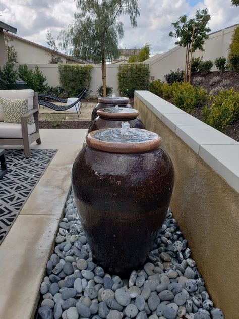 Circle Driveway Water Fountain, Fountains Front Yard Water Features, Mediterranean Water Feature, Front Yard Fountain, Pot Fountain, Patio Water Feature, Small Water Gardens, Landscaping With Fountains, Desert Backyard