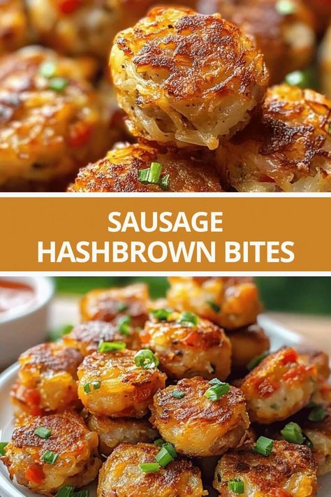 Sausage Hashbrown Bites Game Day Breakfast Tailgate, Brunch Hashbrown Ideas, Hashbrown And Sausage Bites, Crispy Sausage And Hashbrown Bites, Sausage Breakfast Bites, Hashbrown Sausage Balls, Crispy Hash Brown And Sausage Bites, Brunch Food Ideas For A Crowd, Sausage Hash Brown Bites