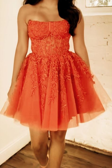 Short Orange Hoco Dress Orange Hoco Dress, Best Homecoming Dresses, Prom Dress Short Lace, Orange Prom Dresses, Dama Dresses, Hoco Dress, Fairytale Dress, Dress Orange, Sparkly Dress