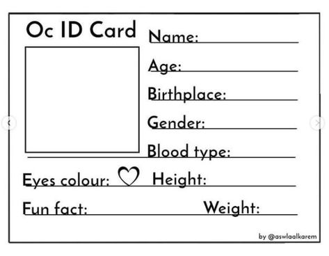 This is not mine, this is Instagram's. Oc Id Card, Character Sheet Writing, Girl Digital Art, About Me Template, Character Sheet Template, Materi Bahasa Jepang, Art Style Challenge, Drawing Ideas List, Character Template