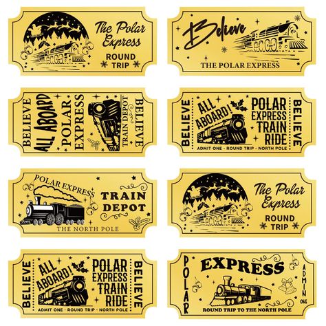 PRICES MAY VARY. Package Quantity: 200pcs polar express believe ticket stickers per roll. 6 designs. Gold foil paper material. Each sticker size is 8.9 x 4.1 cm / 3.5 x 1.6 inches Christmas Themed: Christmas themed stickers are suitable for Christmas atmosphere. These stickers have 6 different designs. Gold and black look suitably together. They have train pictures on it Christmas Party Decoration: You can hand them out to make your Christmas party more interesting. Wear them to show belief in S Free Polar Express Tickets, Polar Express Train Ticket, Christmas Party Ticket Design, Polar Express Tickets Printable Free, Polar Express Theme Decoration, Polar Express Party Decorations, The Polar Express Decorations, Polar Express Theme Party, Polar Express Decorations Hallways