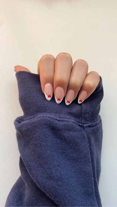 nails, teen, heart, french tip Heart French Tips Nails, Heart Shaped French Tip, French Tips With Small Heart, Heart Shaped French Nails, French Tip W Heart, French Tip With Heart Design, Red Heart French Tip, French With Heart, French Heart Nails