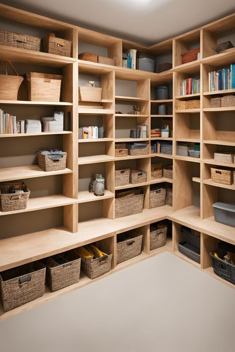 Storage Room Design Basements, Basement Storage Room Makeover, Basement Built In Storage, Basement Shelving Ideas, Basement Storage Closet, Unfinished Basement Storage, Basement Storage Room, Basement Storage Organization, Basement On A Budget