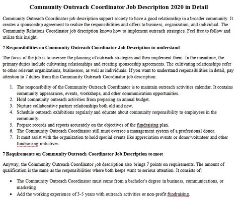 Community Outreach Coordinator Job Description 2020 in Detail Community Jobs, Speech Topics, Community Outreach, Job Description, Work Experience, Best Relationship, No Response, Bullet Journal, Product Description