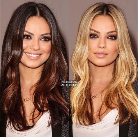 Mila Kunis ( comparison blend ) Brunette ( natural ) vs Blonde ( photoshopped )🤔 You decide… Photo source: Mila at Jaguar-Land Rover preview Los Angeles Auto Show Beverly Hills, CA ( November 15, 2011 ) shared to groups 6/17/22 Brunette Or Blonde, Blonde Vs Brunette, Mila Kunis, Brunette To Blonde, Cara Delevingne, Pretty Hairstyles, Celebrities Female, Beverly Hills, Pretty People