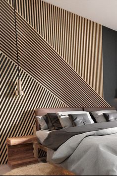 Vertical Wood Slat Wall Bedroom, Wood Slat Accent Wall Bedroom, Cnc Wall Panel, Wall Behind Bed, Dark Green Rooms, Gold Bedroom Decor, Down Ceiling Design, Feature Wall Bedroom, Accent Wall Designs