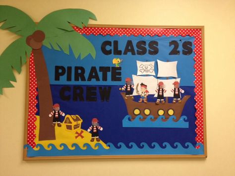 Pirate bulletin board I made for summer! Pirate Ship Bulletin Board Ideas, Pirate Bulletin Board Ideas, Pirate Bulletin Boards, Pirate Crafts Preschool, Pirate Theme Classroom, Teach Like A Pirate, Pirate Classroom, Nautical Classroom, Elementary Classroom Themes