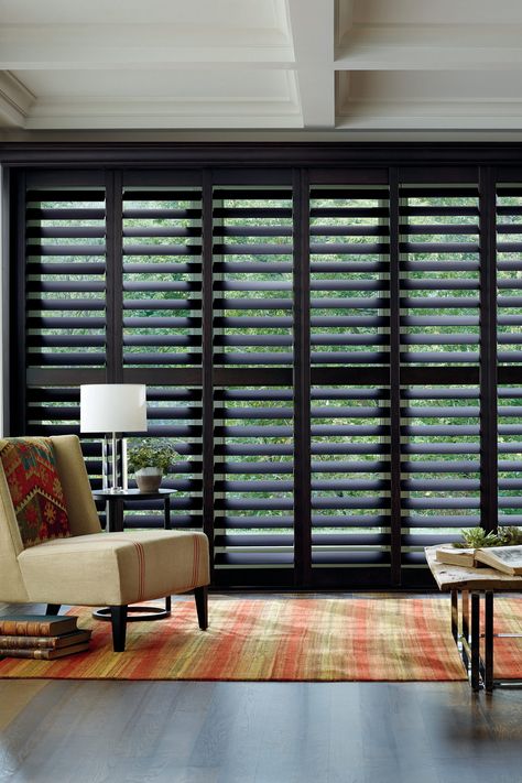 Insulated Blinds, Sliding Glass Door Window Treatments, Living Room Shutters, Shutters Interior, Sliding Glass Door Window, Interior Window Shutters, Door Window Treatments, Outdoor Window, Shutter Blinds