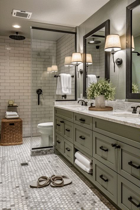 Green Black Beige Bathroom, Green Bathroom Vanity With Black Hardware, Bathroom Remodel Green Cabinets, Green Tile Guest Bathroom, Bathroom With Green Accent Wall, Sage Green And Marble Bathroom, Black Counter Top Bathroom Granite, Green Black Wood Bathroom, Cottage Green Bathroom