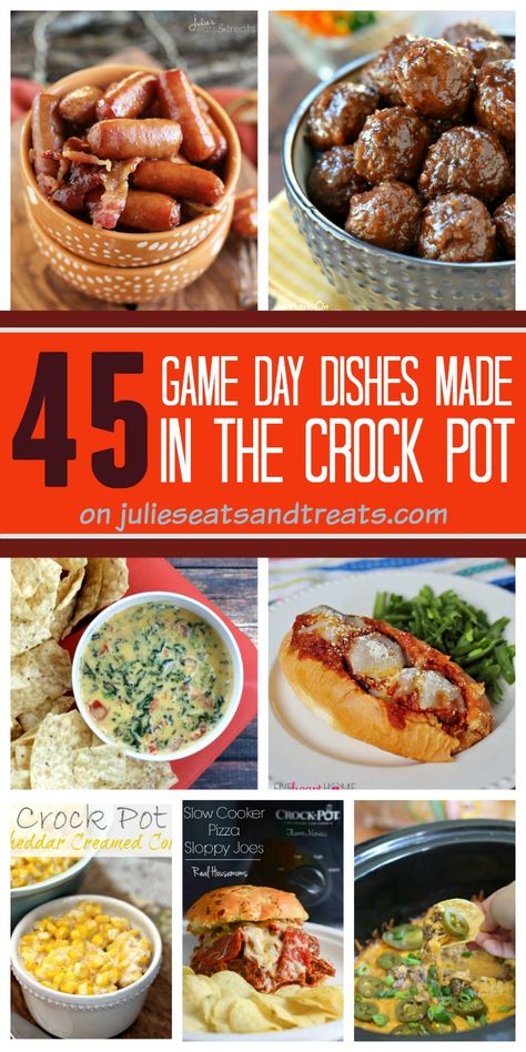 45 Game Day Dishes Made in the Crock Pot - Julie's Eats & Treats Tailgating Snacks, Party Munchies, Crock Pot Sandwiches, Countertop Cooking, Super Bowl Essen, Crock Pot Pizza, Entertaining Dishes, Sandwich Vegetarian, Group Recipes