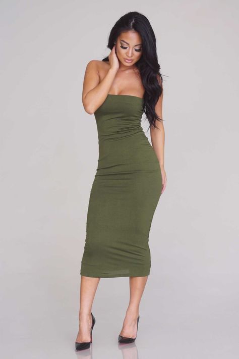 Solid Tube Midi Dress - Olive - Casual - Dresses - Clothing Girls Fashion Tops, Tube Midi Dress, Olive Dress, Tube Dress, Keep It Simple, Classy Dress, Sale Price, Types Of Fashion Styles, Cocktail Dress Party