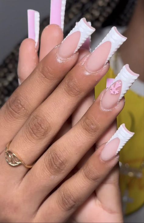 Nails Acrylic Birthday Set, Tapper Square Acrylic Nails, French Tip Acrylic Nails Pink, Pink French Tip Nails With Design, Pink Nail Sets, Fly Nails, Lifestyle Jewelry, Nails Y2k, Eyelashes Makeup