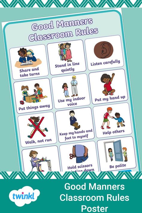 This lovely Good Manners Classroom Rules Poster is ideal to laminate and display on your classroom wall. It includes 12 rules that learners should follow at all times in the classroom. The poster features a clear and easy-to-read heading, and each rule is neatly bordered by a box with rounded corners. Each rule is backed up by an original Twinkl illustration, to help learners with association and make the poster vibrant and engaging to look at. Manners Preschool, Community Building Activities, Behavior Management Strategies, Rules Poster, Classroom Rules Poster, Behaviour Management, Toddler Quiet Book, Positive Learning, English Vocab