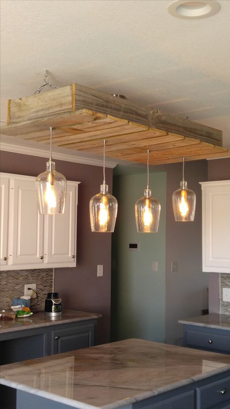 Wooden Light Fixtures Kitchen, Above Island Lighting, Island Lighting Farmhouse, Pallet Island, Rustic Industrial Lighting, Wooden Light Fixtures, Diy Wood Plans, Spider Light, Wood Light Fixture