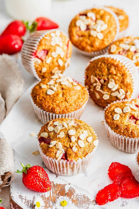 Strawberry Coconut Muffins, Strawberry Oatmeal Muffins, Oatmeal Breakfast Muffins, Strawberry Oatmeal, Strawberry Muffins, Oat Muffins, Table For Two, Healthy Strawberry, Strawberry Mint