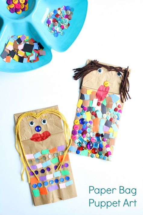 Crafts For Kids With Paper, Puppet Paper, Art For Preschoolers, Bag Puppet, Recycled Crafts Kids, Paper Bag Crafts, Puppets For Kids, Paper Bag Puppets, Puppets Diy