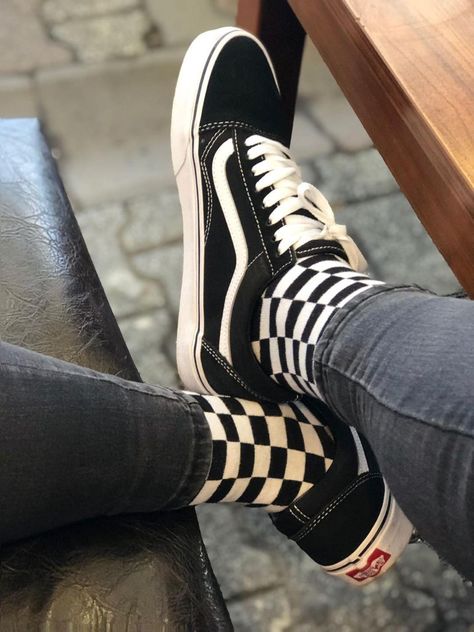 Checker Outfit, Checkerboard Socks, Checkered Outfit, Custom Streetwear, Checkered Socks, Socks Aesthetic, Black And White Socks, Sneaker Socks, Printed Socks