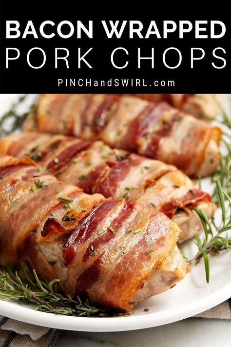 Wrapped in crispy bacon, these juicy, herbaceous Bacon Wrapped Pork Chops are so easy to make in your oven! A couple of simple secrets in this easy recipe guarantee perfect results every time. Perfect date night or dinner party main course. Pork Chops Quick, Party Main Course, Dinner Party Main Course, Pork Loin Chops Recipes, Bacon Wrapped Pork Loin, Bacon Wrapped Pork Chops, Oven Pork Chops, Dry Brine, Boneless Pork Chop Recipes