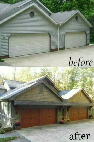 Adding character to the exterior with carriage garage doors, pergolas and corbels, cedar shake siding and attic vents. @thisoldhouse Door Pergola, Garage Door Types, Garage Door Makeover, Garage Remodel, Home Exterior Makeover, Garage Makeover, Exterior Makeover, Residential Doors, Exterior Remodel