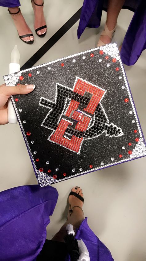 Sdsu Graduation Caps, Purdue Grad Cap, San Diego State University Graduation, Sdsu Graduation Party Ideas, Sdsu Grad Cap, San Diego State University Dorms, Sdsu Dorm, Senior Caps, Rhinestone Graduation Cap