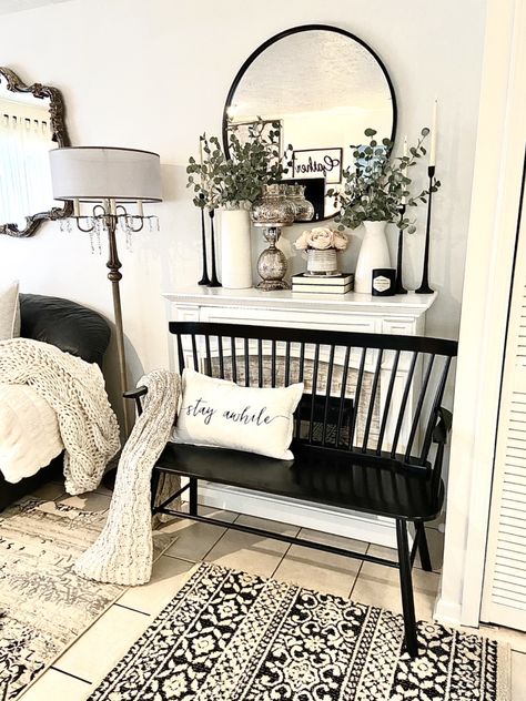 Shutters Diy, Countryside Living, Brooklyn House, Black Bench, Decorating 101, Diy Shutters, Entryway Wall Decor, Foyer Chandelier, Front Entryway