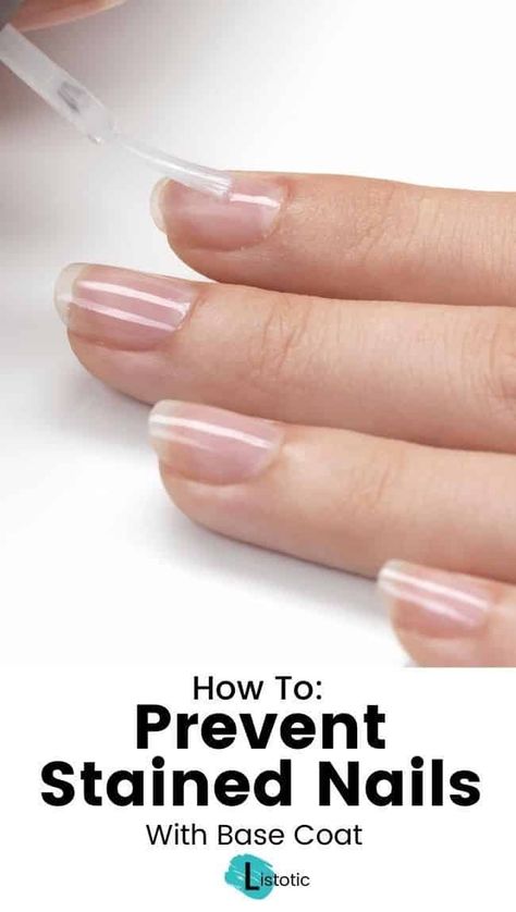 Prevent stained nails from occurring in the first place by using a base coat before using heavily pigmented or dark nail polish colors! #nailcare #tipsandtricks #manicure Stained Nails, Nail Polish Stain, Nail Whitening, Nail Base Coat, Dark Nail Polish, Simple Makeup Tips, Essential Oils For Hair, Brittle Nails, Nails White