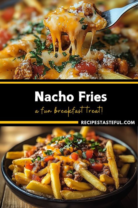 **Nacho Fries** are the ultimate comfort food, combining crispy, golden fries with bold, flavorful toppings! These seasoned fries are smothered in melted cheese, drizzled with creamy nacho cheese sauce, and topped with tangy salsa, sour cream, and fresh jalapeños for an extra kick. Perfect for snacking, a fun side dish, or sharing at parties, these Nacho Fries are a cheesy, irresistible treat everyone will love! Nacho Fries Recipe, Classic Nachos, Nachos Loaded, Nacho Fries, Nachos Recipe Easy, Seasoned Fries, Nacho Cheese Sauce, Fries Recipe, Nacho Cheese