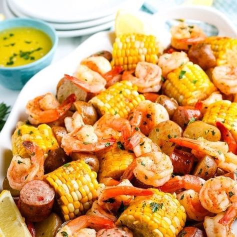 Old Bay Shrimp Boil - Julie's Eats & Treats ® Old Bay Seafood Boil, Shrimp Boil Recipe Old Bay, Old Bay Shrimp Boil, Sausage Boil, Corn Boil, Sausage And Shrimp Recipes, Easy Shrimp Boil Recipe, Easy Shrimp Boil, Sheet Pan Shrimp Boil