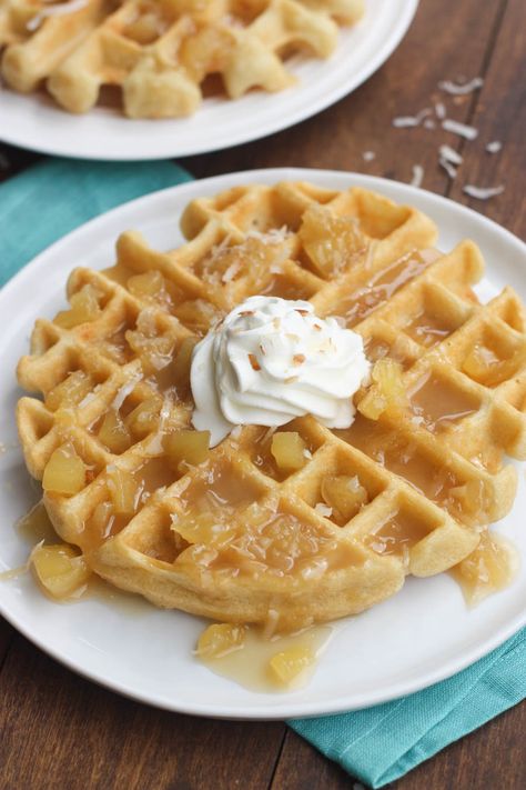 Light and fluffy Coconut Cream Waffles with Pineapple Syrup | Tastes Better From Scratch Pineapple Syrup, Waffle Iron Recipes, Tastes Better From Scratch, Waffle Maker Recipes, Adult Lunches, Coconut Syrup, Tropical Food, Pancake Recipes, Cinnamon Roll Cake