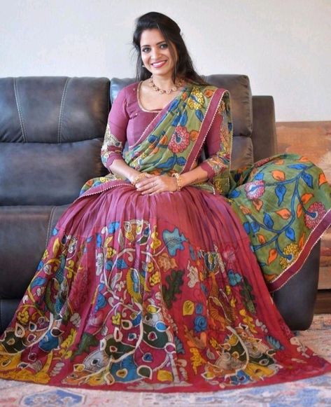 Kalamkari Lehenga Designs Latest, Kalamkari Langa Voni, Kalamkari Lehenga, Fancy Club, Mirrored Costume, Kalamkari Dresses, Kalamkari Print, Lehenga Design, Half Saree Lehenga