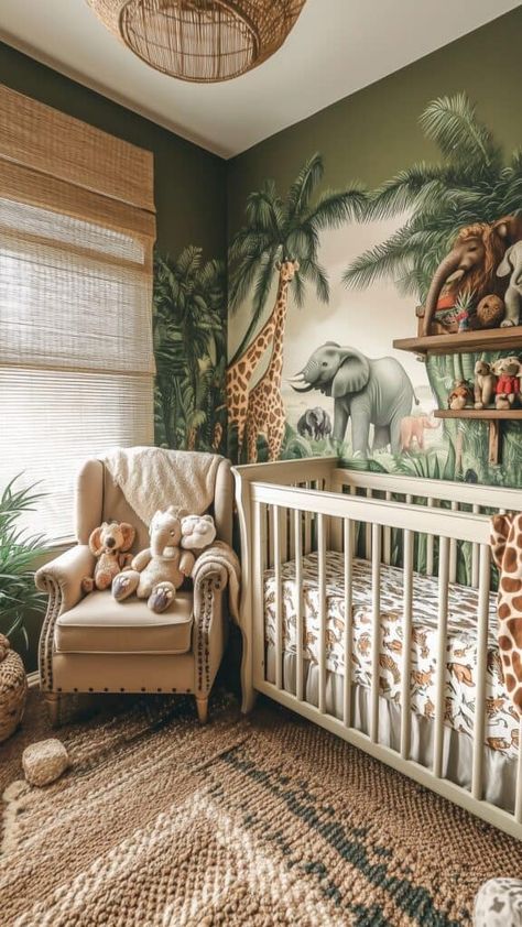 nursery with jungle mural, animal decor, and earthy textures Whimsical Nursery Ideas, Baby Rooms Ideas, Jungle Theme Baby Room, Zoo Nursery Theme, Nursery Theme Ideas, Enchanting Nursery, Jungle Nursery Boy, Jungle Theme Rooms, Nursery Unique