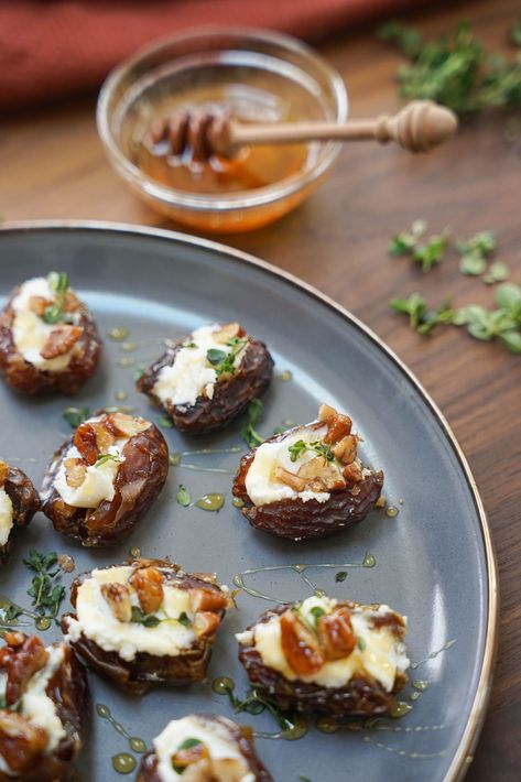 Meredith Dairy — Recipes / Stuffed Dates with Goat Cheese, Honey and Pecans Roasted Stuffed Dates With Goat Cheese, Date Goat Cheese Appetizer, Goat Cheese And Date Appetizer, Stuffed Dates With Goat Cheese, Dates Goat Cheese Bacon Appetizer Recipes, Goat Cheese Dates Bacon, Goat Cheese Stuffed Dates, Dates With Goat Cheese, Goat Cheese Honey