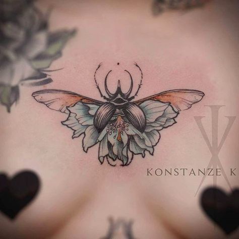 Beetle Sternum Tattoo, Atlas Beetle, Flor Tattoo, Beetle Tattoo, Zelda Tattoo, Insect Tattoo, Bug Tattoo, Chest Tattoos For Women, Chest Piece Tattoos