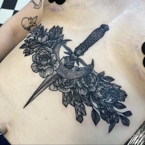 Sternum Tattoo Dagger, Sternum Tattoo Cover Up, Dark Sternum Tattoo, Dagger Sternum Tattoo Women, Underboob Cover Up Tattoo, Dagger Tattoo Sternum, Sternum Tattoo Women Flowers, Sternum Tattoo Women Traditional, Floral Sternum Tattoo Women